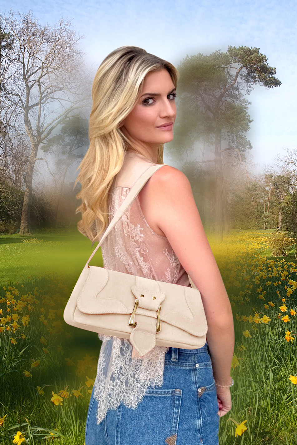Dress small handbag in egg shell beige leather - Top view